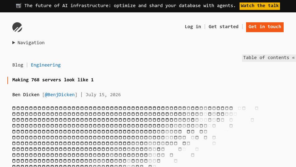 Screenshot of planetscale.com: Making 768 servers look like 1