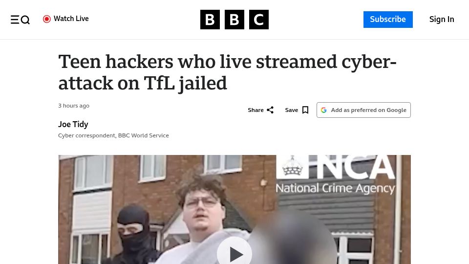 Screenshot of bbc.com: Teen hackers who live streamed cyber-attack on TfL jailed