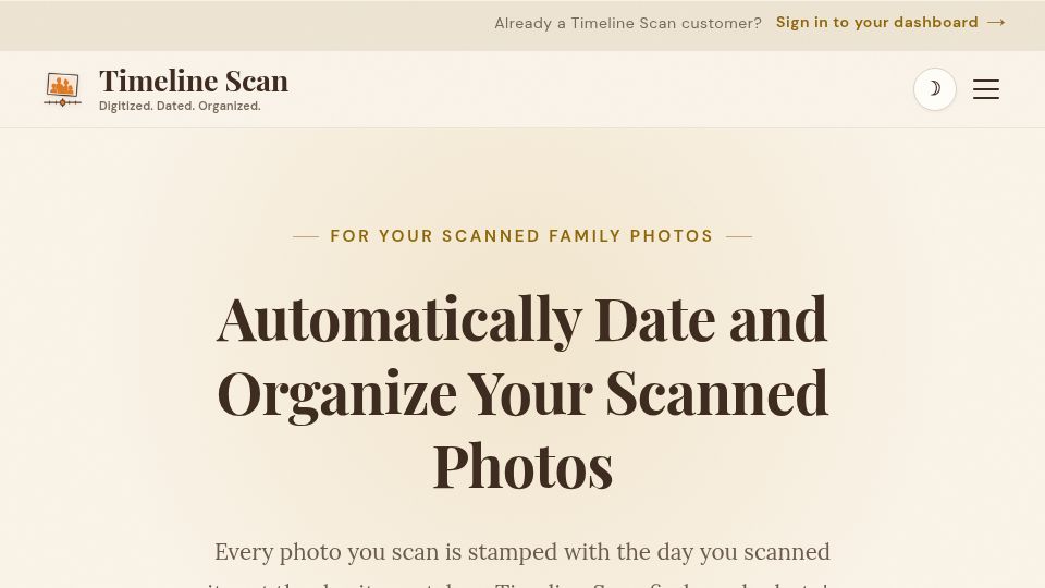 Screenshot of timelinescan.com: Timeline Scan – AI fixes the dates on your scanned photos