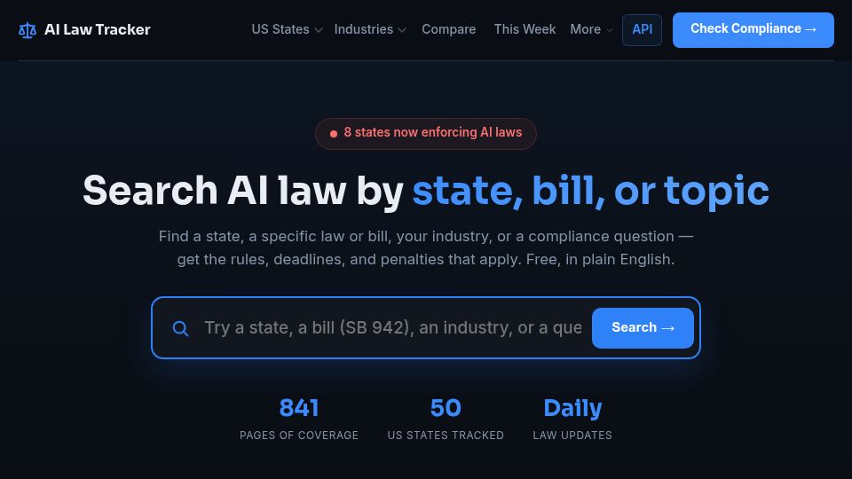 Screenshot of ai-law-tracker.com: Show HN: AI Law Tracker – one audited API for US, EU and global AI law