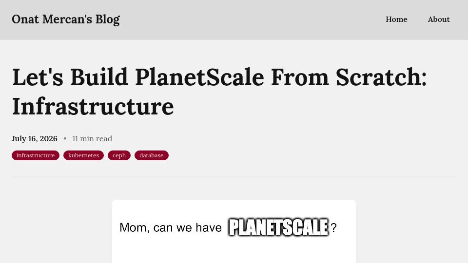 Screenshot of onatm.dev: Let's Build PlanetScale from Scratch: Infrastructure