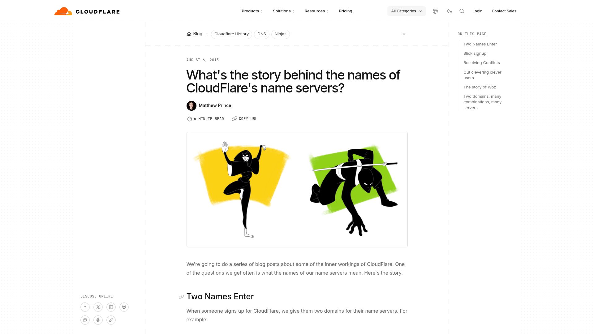 Screenshot of blog.cloudflare.com: What's the story behind the names of Cloudflare's name servers? (2013)