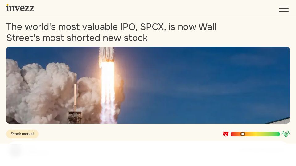 Screenshot of invezz.com: SPCX is now Wall Street's most shorted new stock