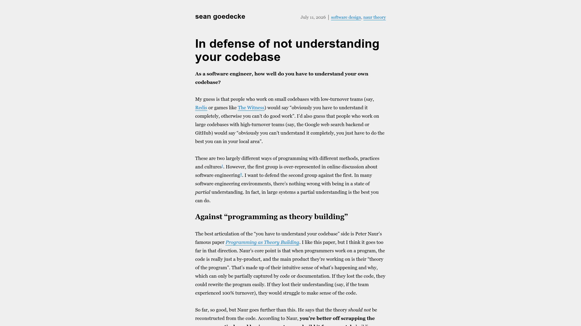 Screenshot of seangoedecke.com: In defense of not understanding your codebase