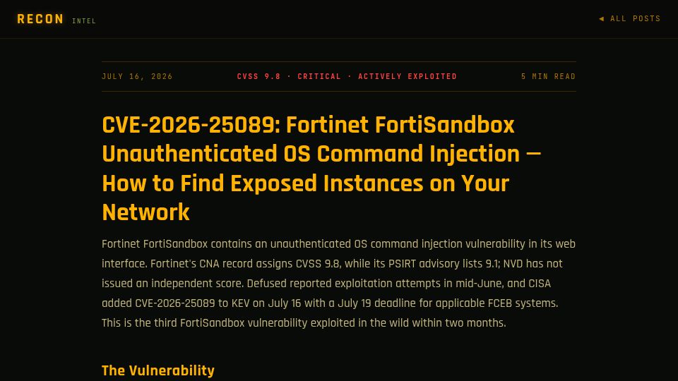 Screenshot of hellorecon.com: CVE-2026-25089: FortiSandbox unauthenticated command injection added to CISA KEV