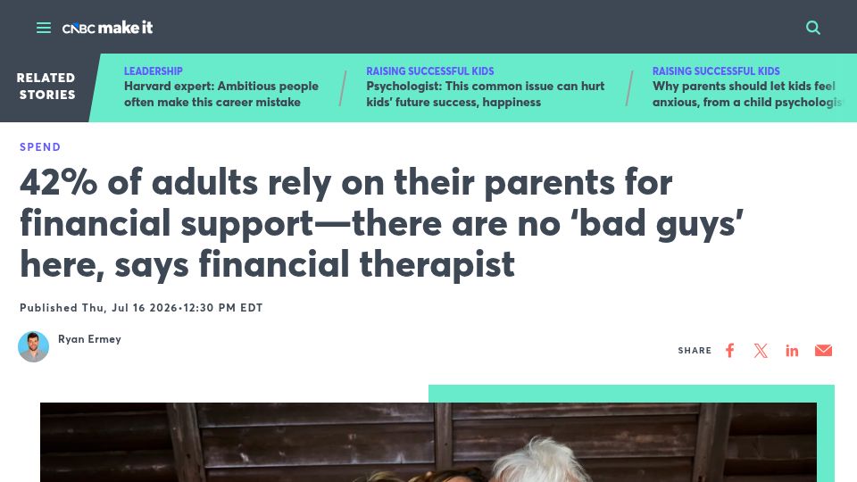 Screenshot of cnbc.com: 42% of adults rely on their parents for financial support