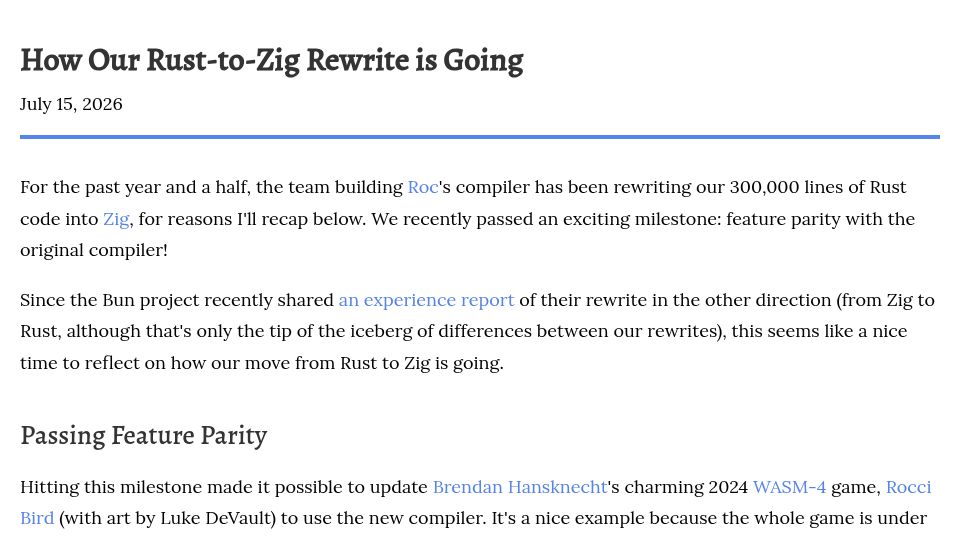 Screenshot of rtfeldman.com: How Our Rust-to-Zig Rewrite Is Going