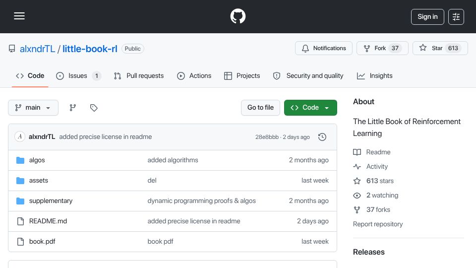 Screenshot of github.com: The Little Book of Reinforcement Learning