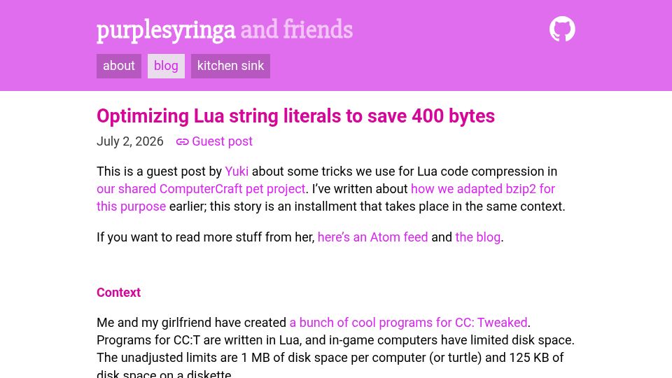 Screenshot of purplesyringa.moe: Optimizing Lua string literals to save 400 bytes