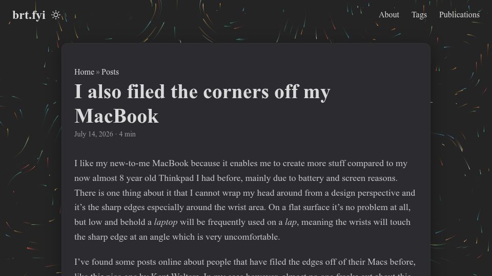 Screenshot of brt.fyi: I also filed the corners off my MacBook