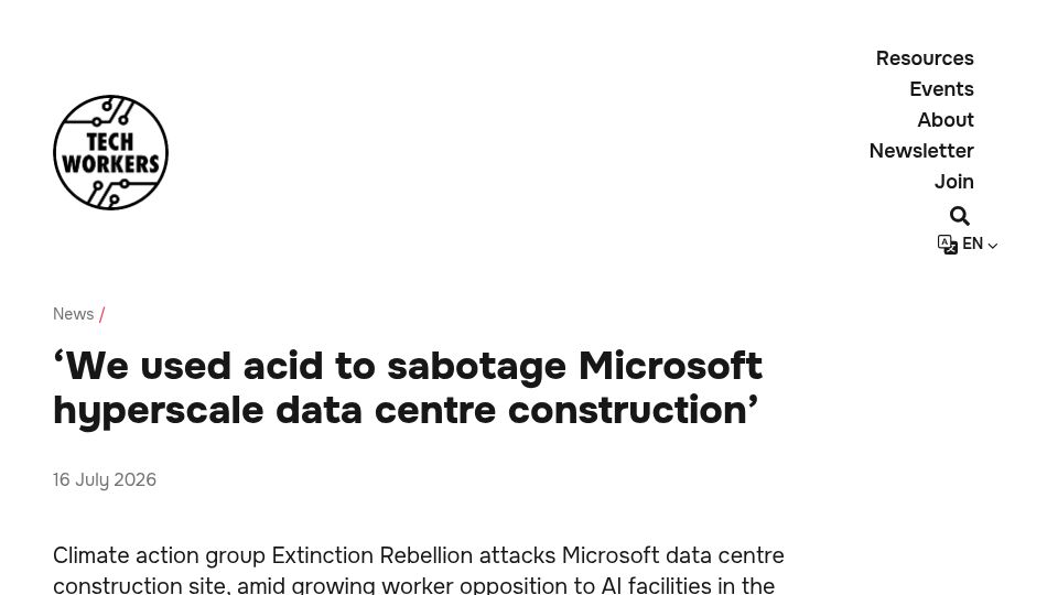Screenshot of techwerkers.nl: 'We used acid to sabotage Microsoft hyperscale data centre construction'