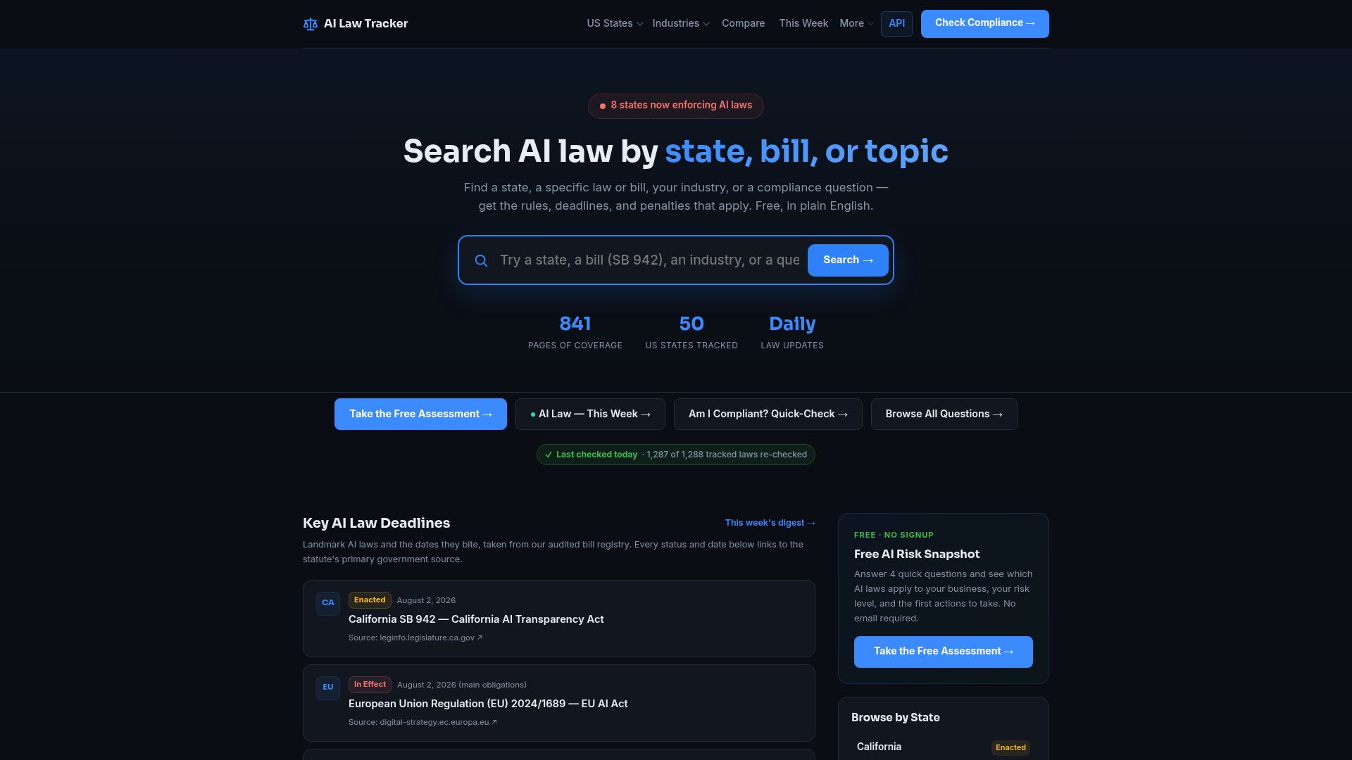 Screenshot of ai-law-tracker.com: Show HN: AI Law Tracker – one audited API for US, EU and global AI law