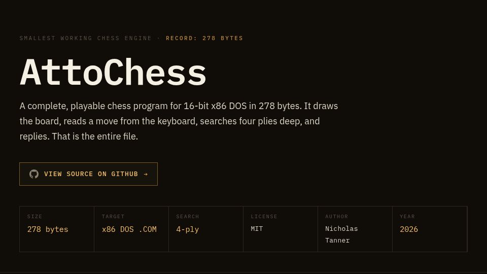 Screenshot of nicholas-afk.github.io: AttoChess, a complete, playable chess program for 16-bit x86 DOS in 278 bytes
