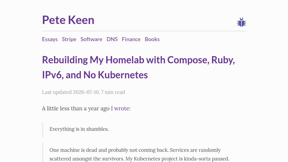 Screenshot of petekeen.net: Rebuilding My Homelab with Compose, Ruby, IPv6, and No Kubernetes