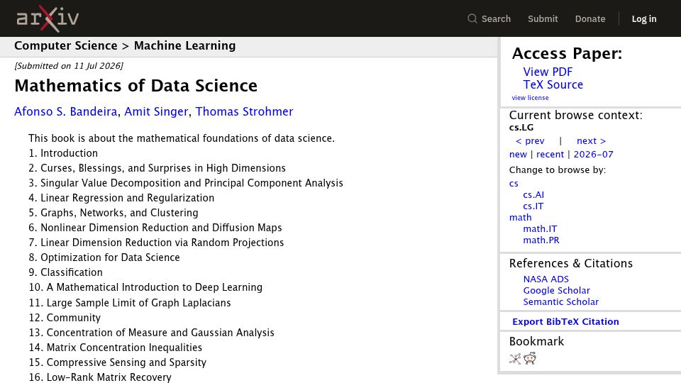 Screenshot of arxiv.org: Mathematics of Data Science