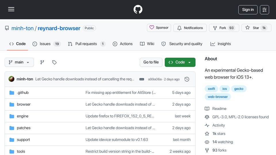 Screenshot of github.com: Reynard: A real Firefox web browser for iOS 13 or later