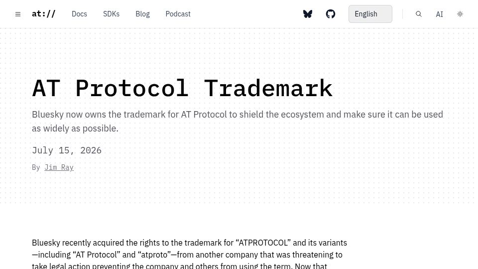 Screenshot of atproto.com: Bluesky Trademarks ATProto