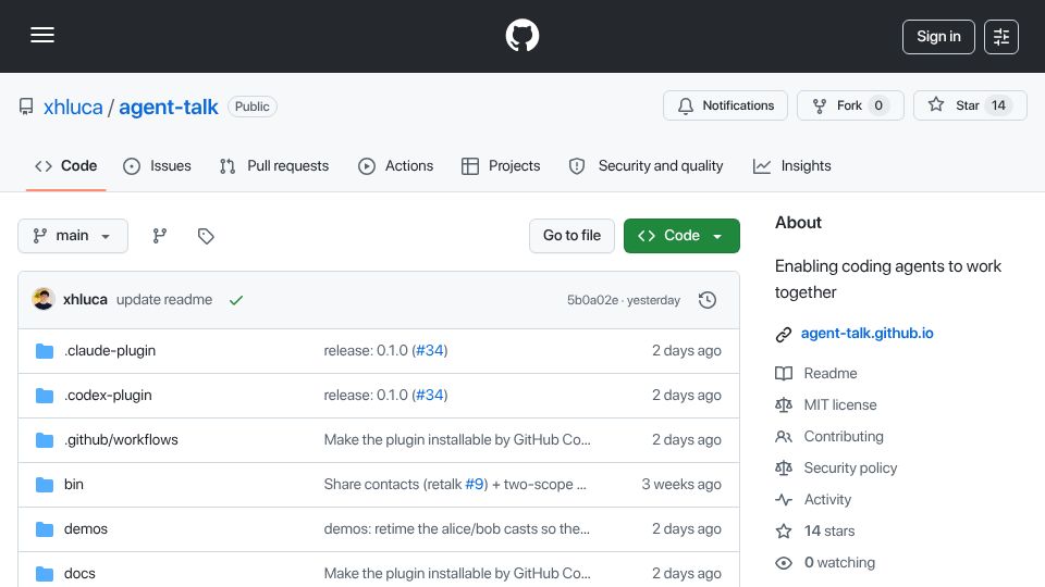 Screenshot of github.com: Agent-talk: Enabling coding agents to work together