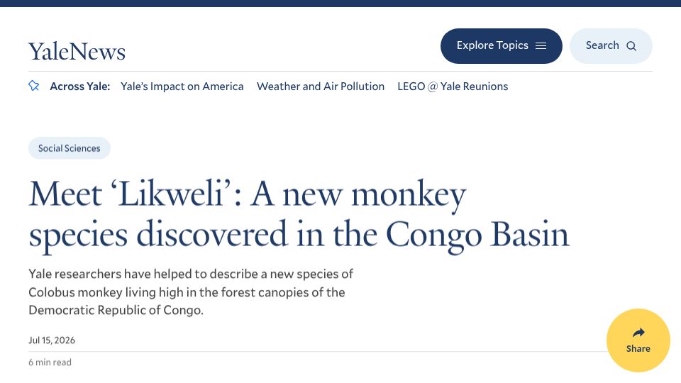 Screenshot of news.yale.edu: 'Likweli': A new monkey species discovered in the Congo Basin