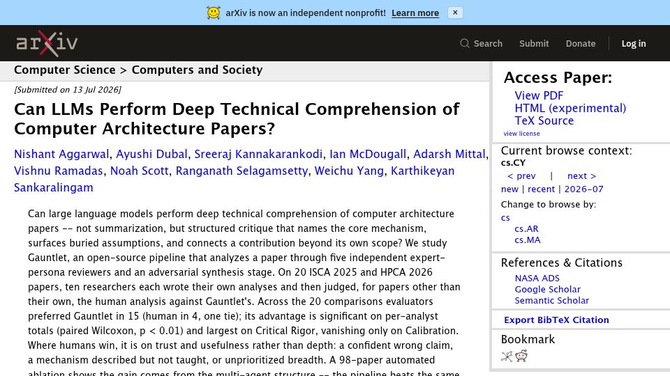Screenshot of arxiv.org: Can LLMs Perform Deep Technical Comprehension of Computer Architecture Papers