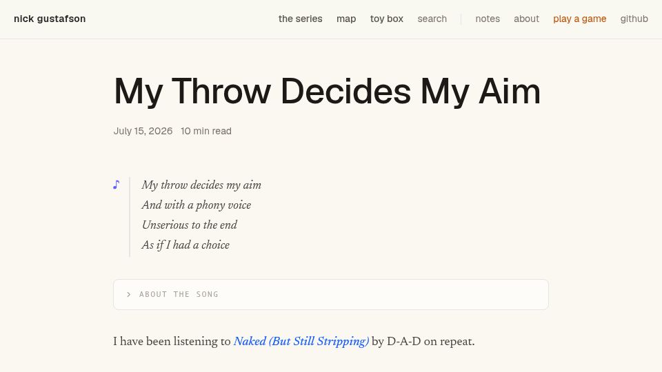 Screenshot of thegustafson.com: My Throw Decides My Aim