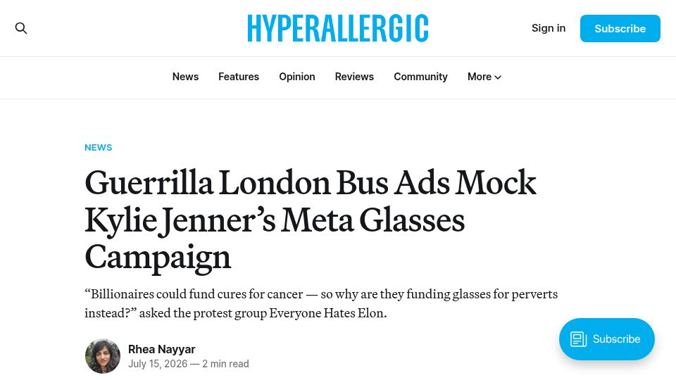 Screenshot of hyperallergic.com: Guerrilla London Bus Ads Mock Kylie Jenner's Meta Glasses Campaign