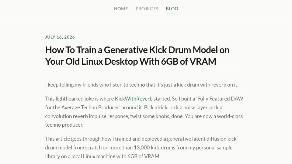 Screenshot of zhinit.dev: How to Train a Gen AI Kick Drum Model on Your Old Linux Desktop with 6GB VRAM
