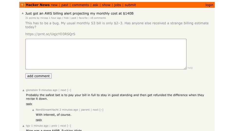 Screenshot of Hacker News post: Just got an AWS billing alert projecting my monthly cost at $140B