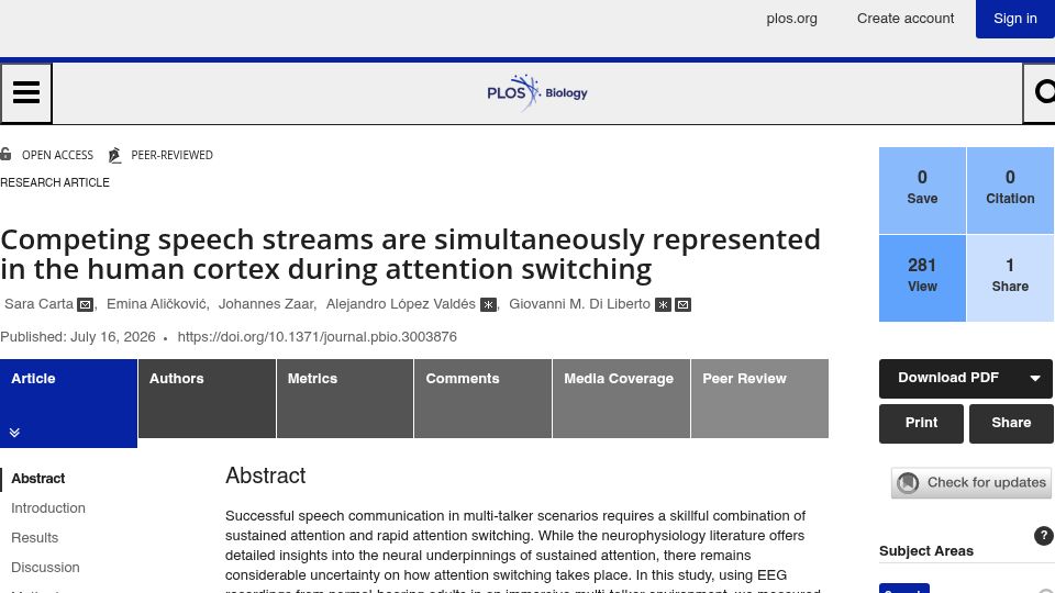 Screenshot of journals.plos.org: EEG shows brain can simultaneous encode two speech streams