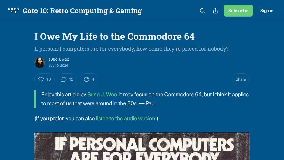 Screenshot of goto10retro.com: I Owe My Life to the Commodore 64