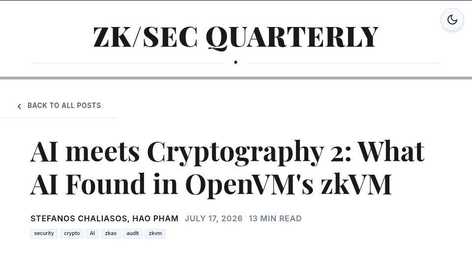 Screenshot of blog.zksecurity.xyz: AI Meets Cryptography 2: What AI Found in OpenVM's ZkVM