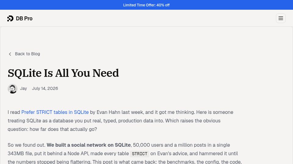 Screenshot of dbpro.app: SQLite Is All You Need