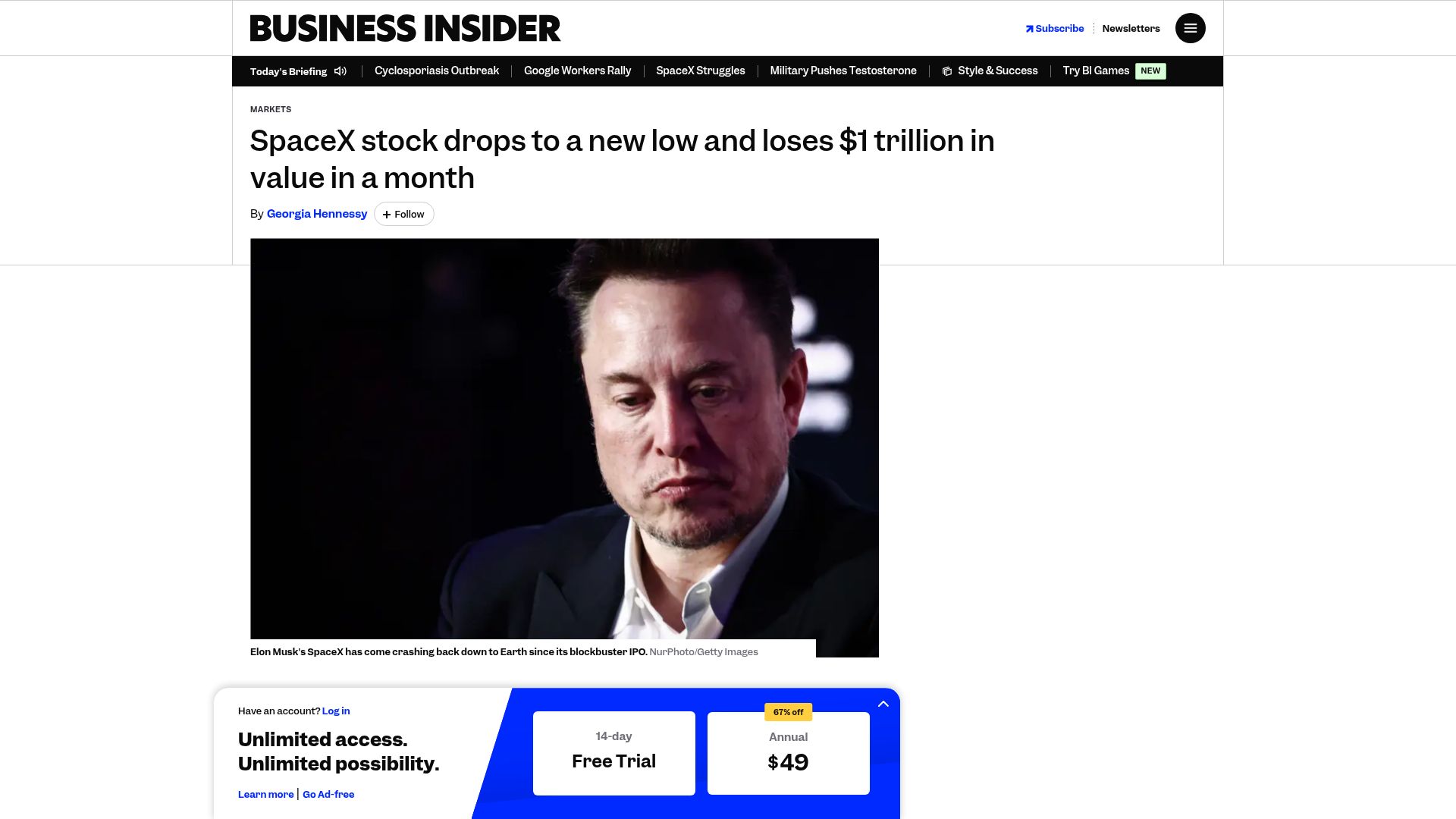 Screenshot of businessinsider.com: SpaceX stock drops to a new low and loses $1T in value in a month