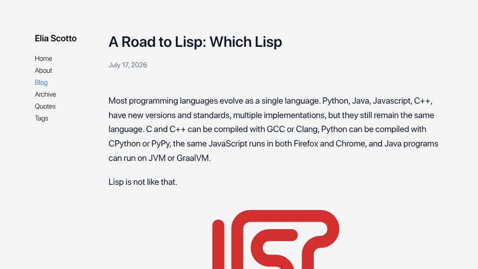 Screenshot of scotto.me: A Road to Lisp: Which Lisp