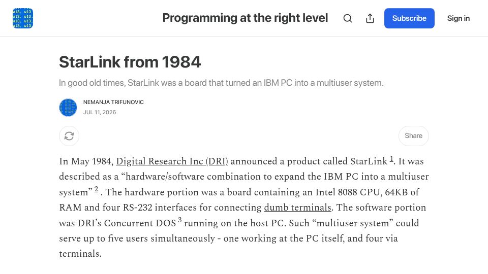 Screenshot of nemanjatrifunovic.substack.com: Starlink from 1984