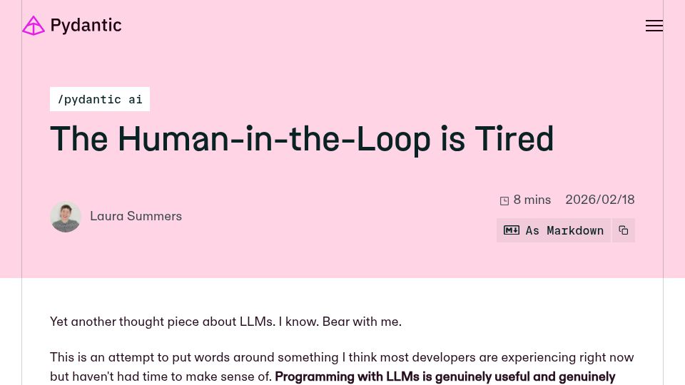 Screenshot of pydantic.dev: The human-in-the-loop is tired