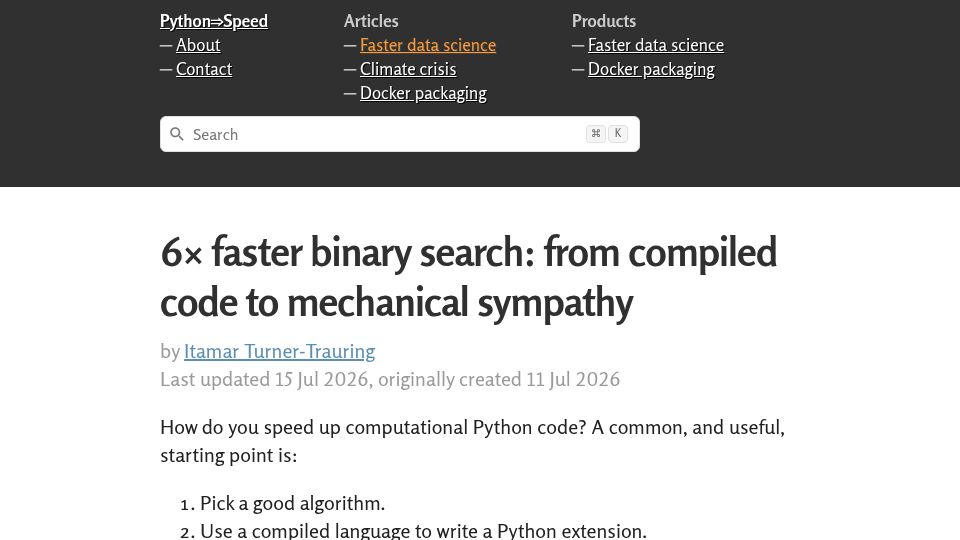 Screenshot of pythonspeed.com: Faster binary search: from compiled code to mechanical sympathy