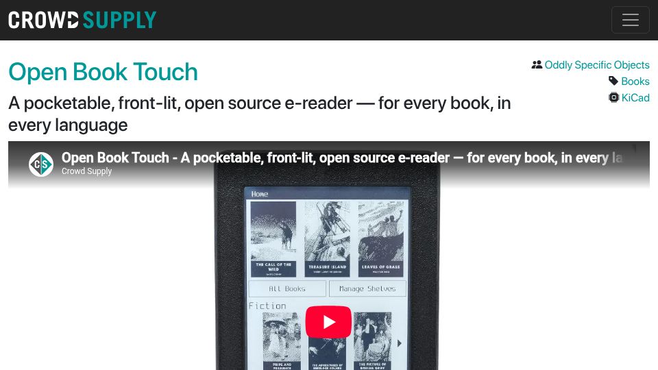Screenshot of crowdsupply.com: Open Book Touch: open-source e-reader