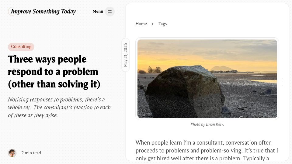 Screenshot of improvesomething.today: Three ways people respond to a problem (other than solving it)