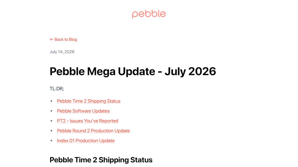 Screenshot of repebble.com: Pebble Mega Update – July 2026