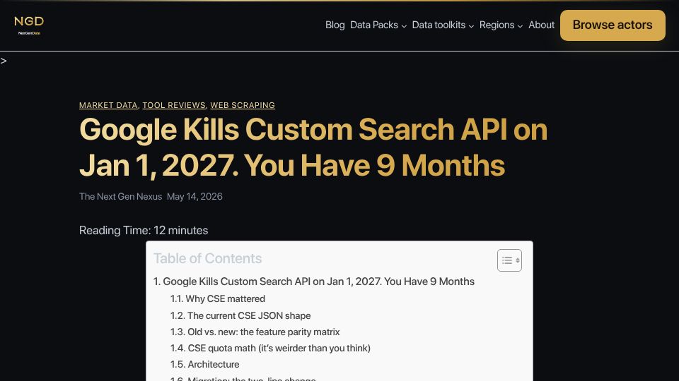Screenshot of thenextgennexus.com: Google Kills Custom Search API on Jan 1, 2027