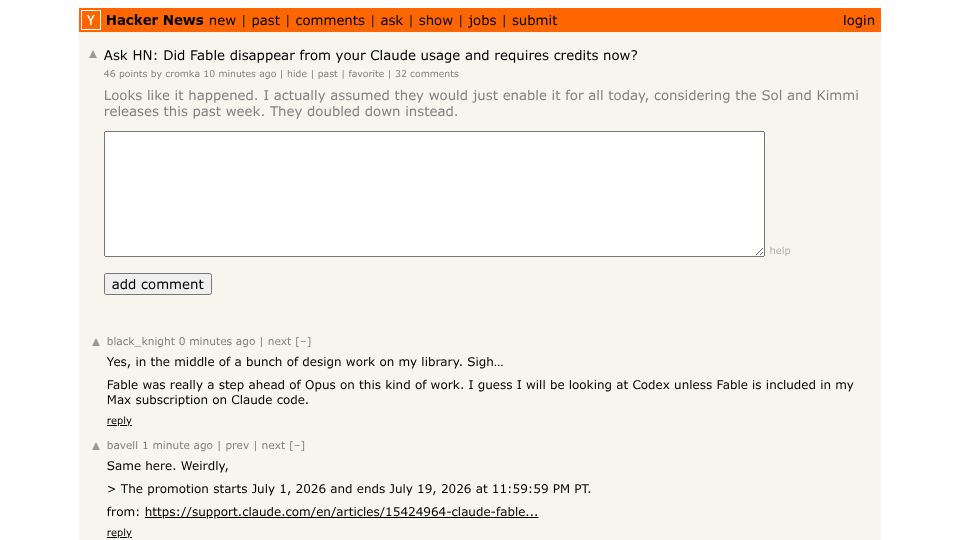 Screenshot of Hacker News post: Ask HN: Did Fable disappear from your Claude usage and requires credits now?