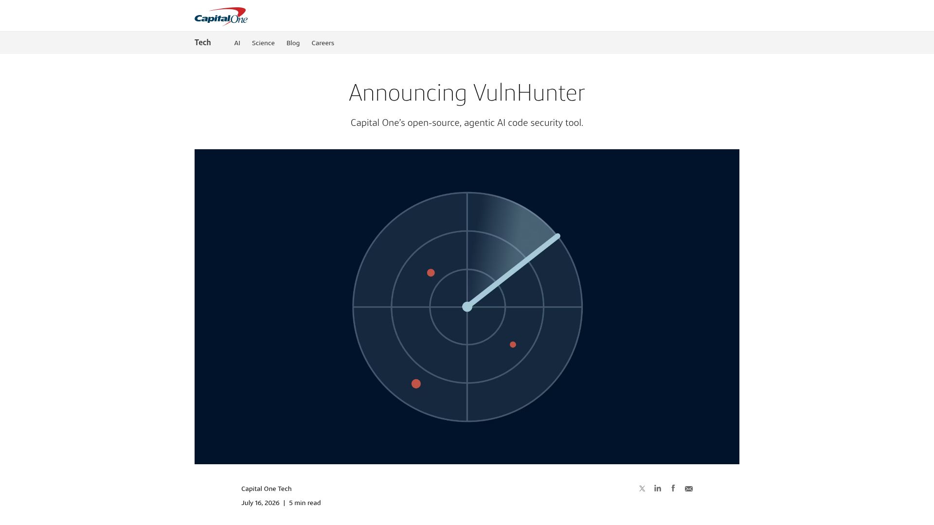 Screenshot of capitalone.com: VulnHunter: Capital One's agentic AI code security tool