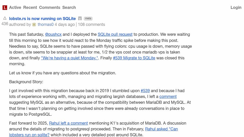 Screenshot of lobste.rs: Lobste.rs is now running on SQLite