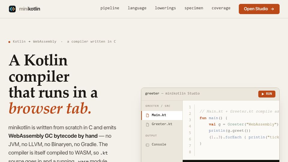 Screenshot of minikotlin.run: Minikotlin