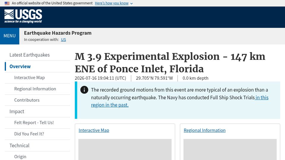 Screenshot of earthquake.usgs.gov: M 3.9 Experimental Explosion – 147 Km ENE of Ponce Inlet, Florida