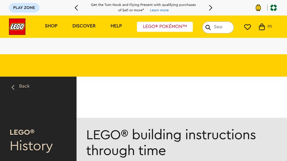 Screenshot of lego.com: Lego building instructions through time