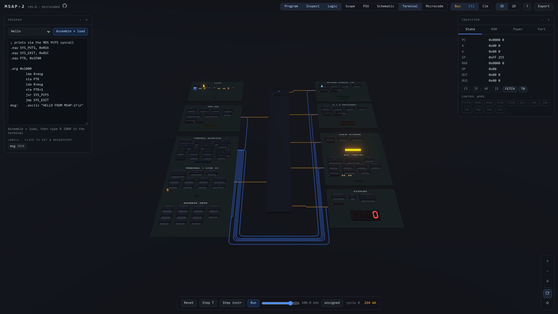 Screenshot of msap2.mehran.dk: Show HN: Simulator for a custom 8-bit discreet logic computer
