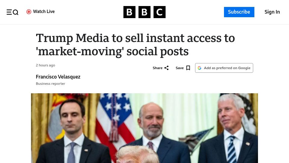 Screenshot of bbc.com: Trump Media to sell instant access to 'market-moving' social posts