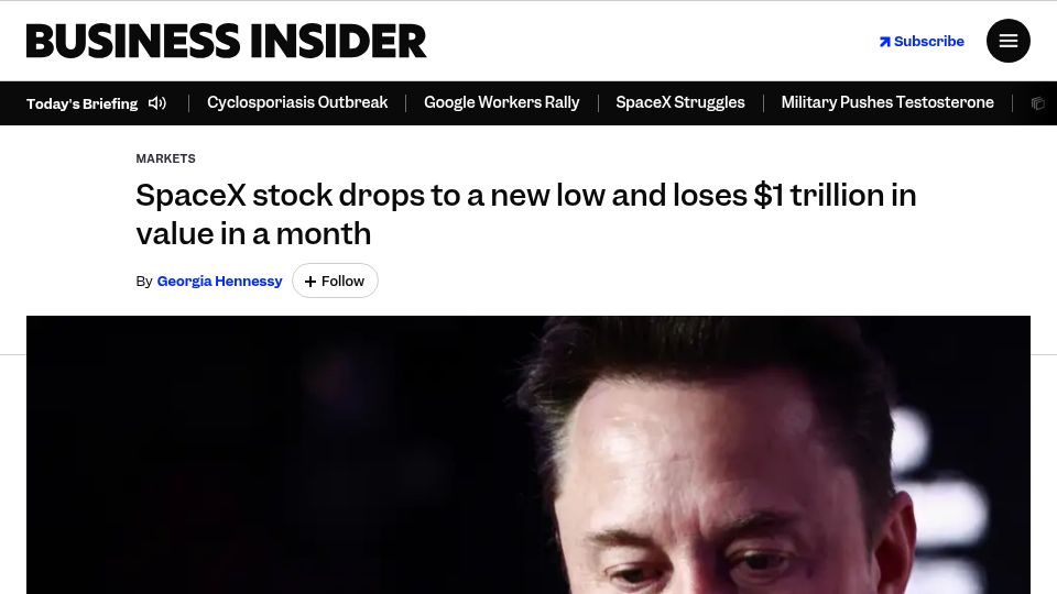 Screenshot of businessinsider.com: SpaceX stock drops to a new low and loses $1T in value in a month